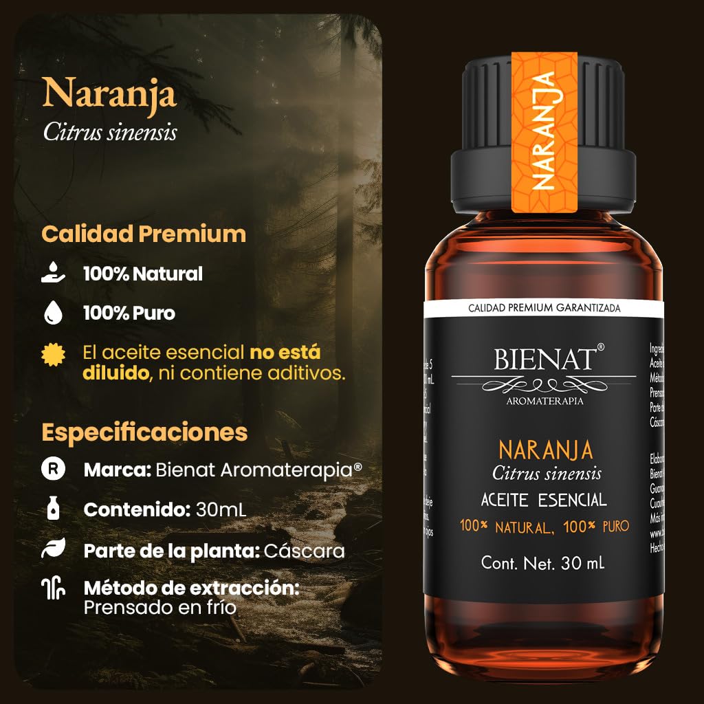 BIENAT AROMATERAPIA Aceite Esencial de Naranja 30mL | 100% Puro y Concentrado | Ideal para Difusor de Aromas, Humidificador, Aromaterapia, Masajes, Meditación, Jabones y Velas | Esencia Natural en Gotas