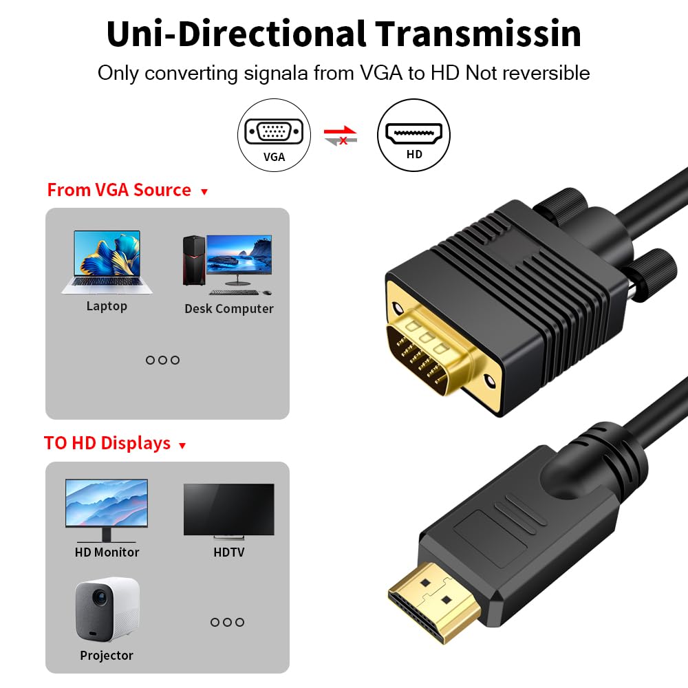 Cable Convertidor VGA a HDMI Kirzi Negro con Audio 7,6 m Compatible con Computadora y Proyector