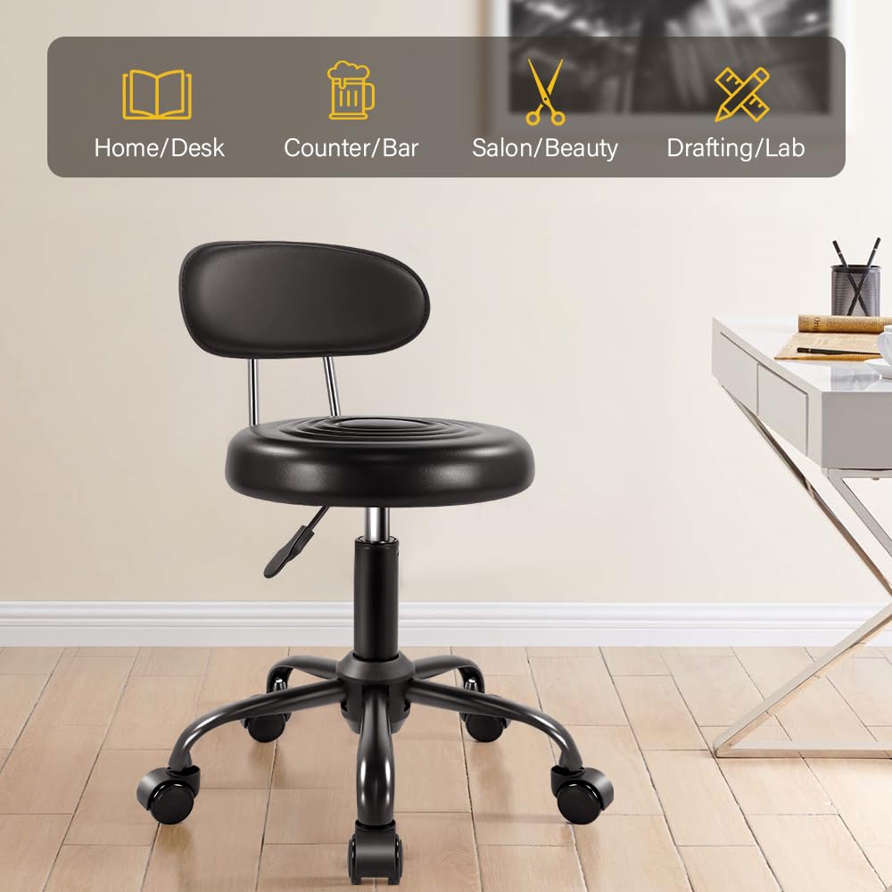 Taburete Giratorio WKWKER Negro con Respaldo Ajustable en Altura para Spa, Salón, Hogar y Oficina