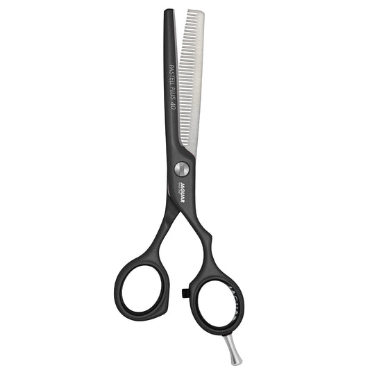 Jaguar Tijeras texturizadoras de línea blanca PASTELL Plus 40 LAVA 5.5 pulgadas Profesionales Tijeras de Corte de Acero para Salón, Peluqueros y Barberos, 40 dientes, Negro, Diseño Offset, Hecho en Alemania