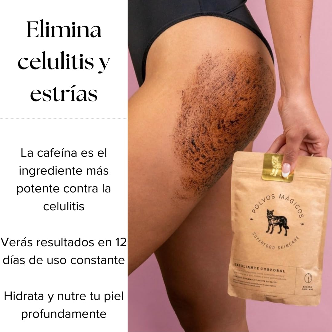 Exfoliante Corporal Polvos Mágicos Café Orgánico y Aceite de Olivo Anticelulitis y Estrías para una Piel Perfecta