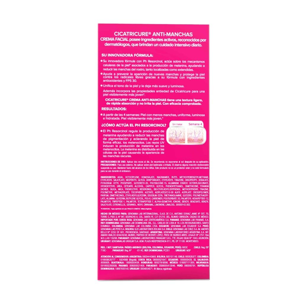 CICATRICURE - Crema facial Anti-manchas. Efecto de triple acción, despigmentante, antioxidante y unificante de la piel, con FPS 30. Uso para cara y cuello, presentación de 50g