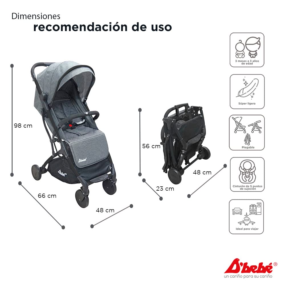 D´BEBÉ - Carriola Wing - Carriola ultra-ligera con plegado Super Compacto - Manubrio con Cierra Facil - Para Bebés de 3 Meses de Edad hasta 3 años - Color Gris