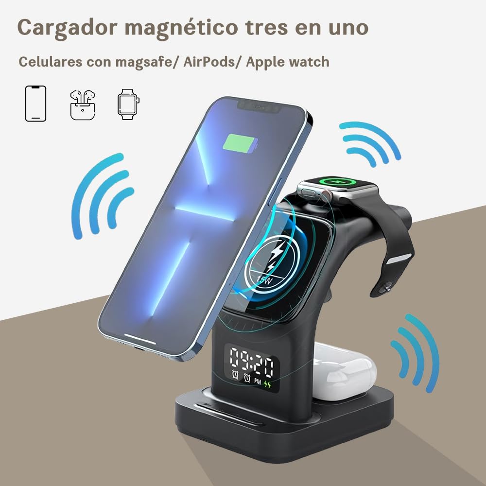 Cargador Inalámbrico Magnético AHED Blanco 5 en 1 con Luz LED para iPhone, AirPods y iWatch