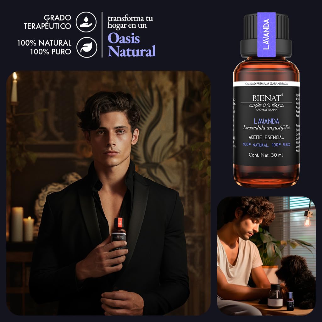 BIENAT AROMATERAPIA Aceite Esencial de Lavanda 30mL | 100% Puro y Concentrado | Ideal para Difusor de Aromas, Humidificador, Aromaterapia, Masajes, Meditación, Jabones y Velas | Esencia Natural en Gotas