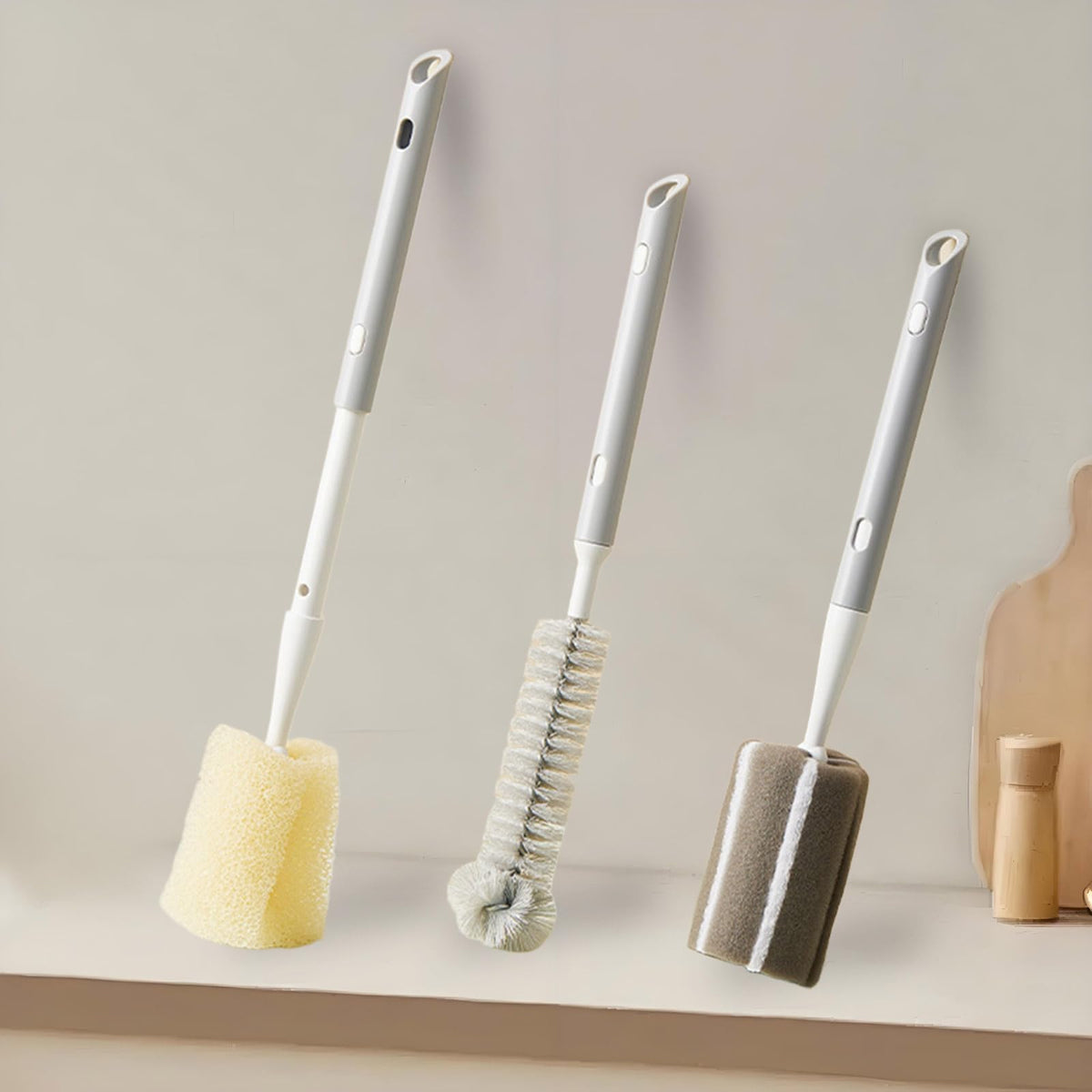 Paquete de 3 cepillos de taza de mango largo, mango extensible, cepillo para polvo de biberón, cepillo para polvo de nailon, cepillo para polvo de esponja, cepillo para polvo para fregar tazas de agua