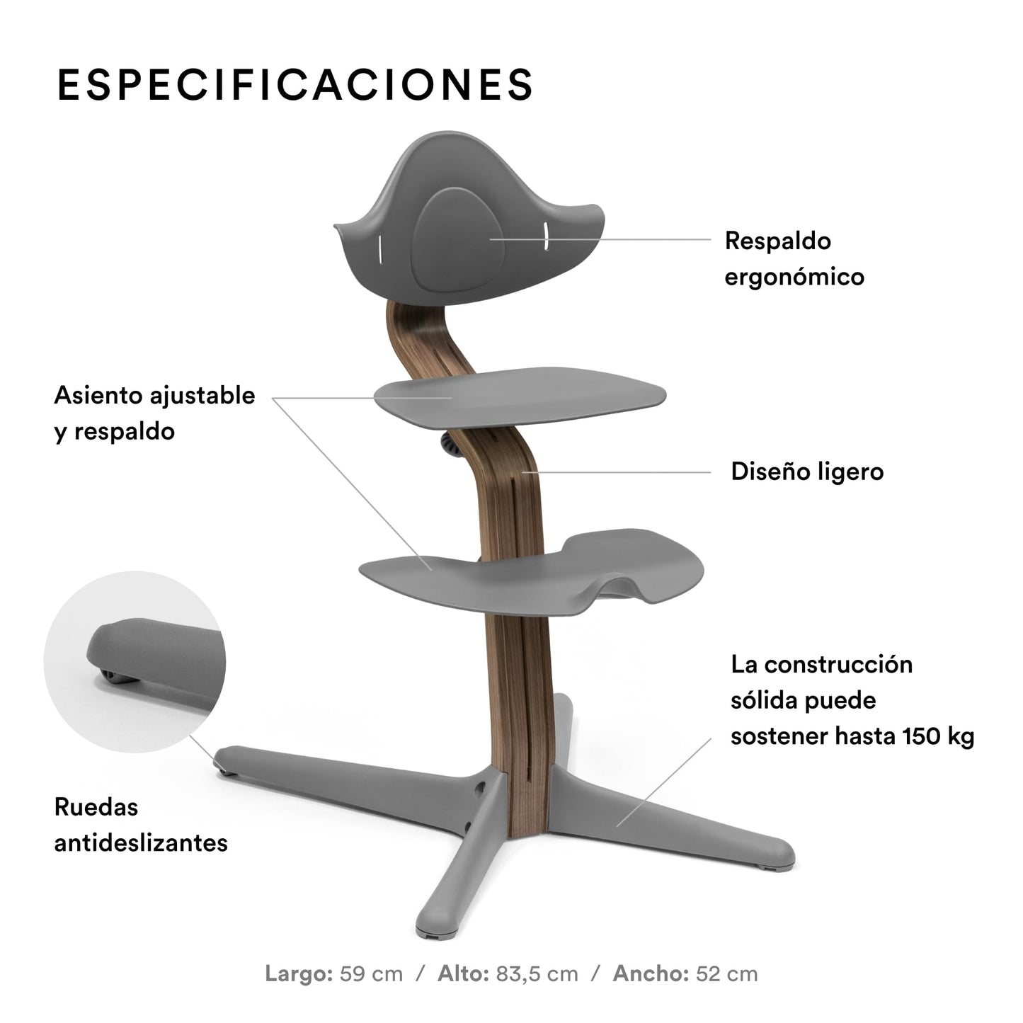 Silla Stokke Nomi - La silla que inspira a sentarse de forma activa - ajuste fácil - Incluye un reposapiés estable y ruedas antivuelco - Soporta hasta 150 kg (Gris/Nogal)