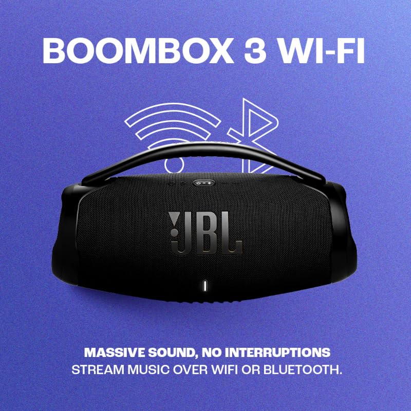 JBL Boombox 3 Wi-Fi Bocina Portátil Bluetooth, Sonido 3D Dolby Atmos, Reproducción 24 Horas, Resistente al Agua y Polvo IP67 - Negro