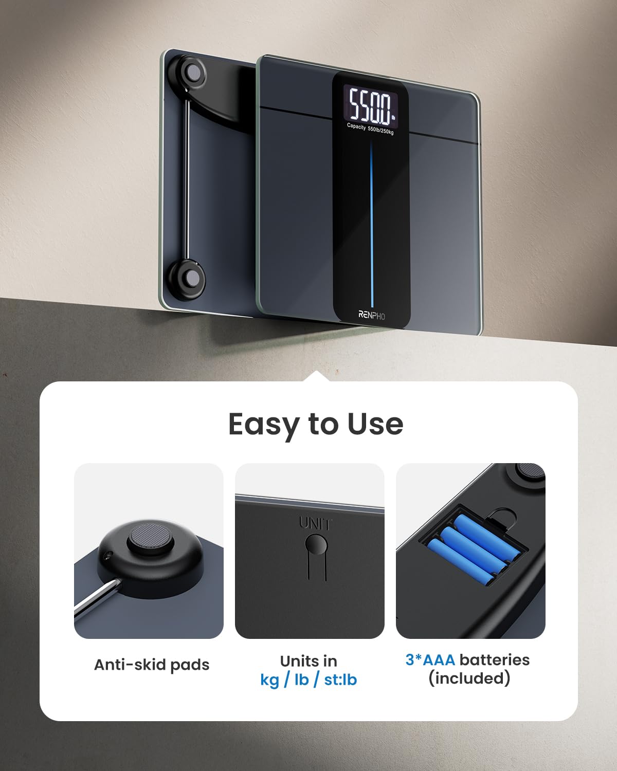 Báscula de Baño RENPHO 550 lb Alta Precisión Pantalla LCD Baterías Incluidas