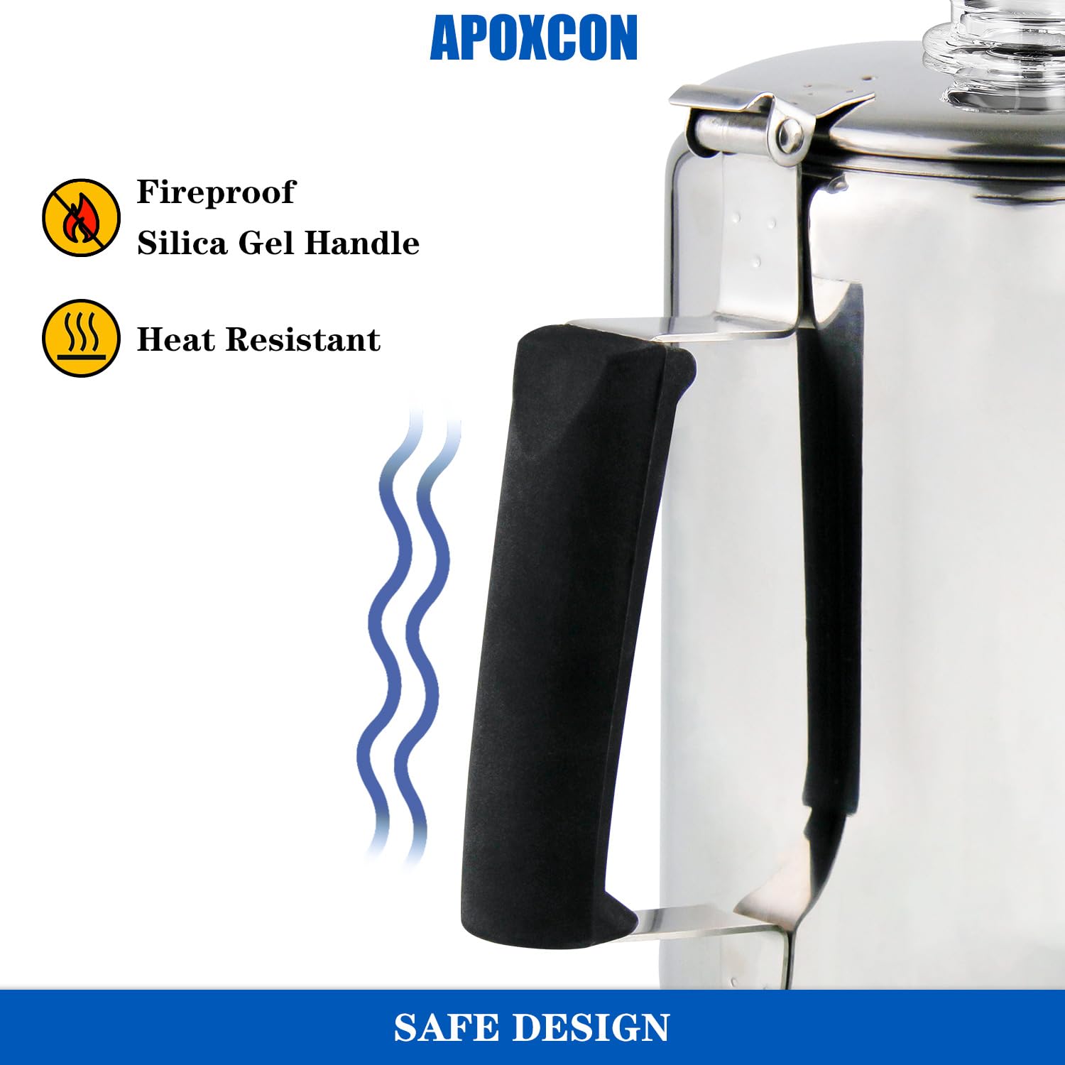 Cafetera APOXCON Plata de Acero Inoxidable con Pomos de Vidrio Borosilicato para Estufa y Camping, 9 Tazas