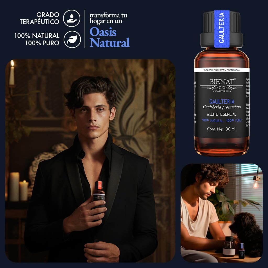 BIENAT AROMATERAPIA Aceite Esencial de Gaulteria 30mL | 100% Puro y Concentrado | Ideal para Difusor de Aromas, Humidificador, Aromaterapia, Masajes, Meditación, Jabones y Velas | Esencia Natural en Gotas