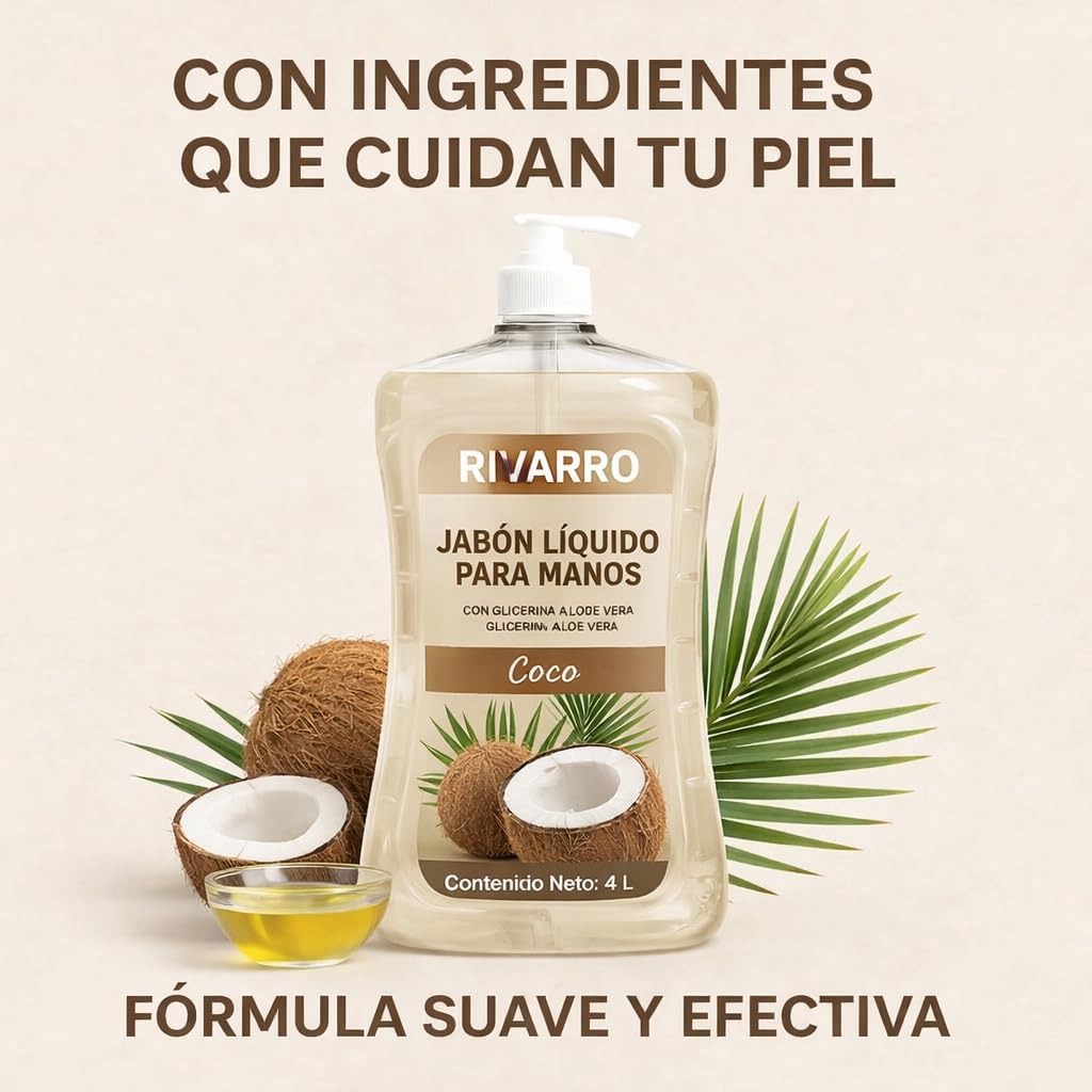 RIVARRO | Jabón Líquido Para Manos con Glicerina y Aloe Vera, Aroma, 4 Litros, Fórmula Suave y Efectiva, Elimina 99% de Bacterias, Para Cocina, Oficina y Baño (Coco)