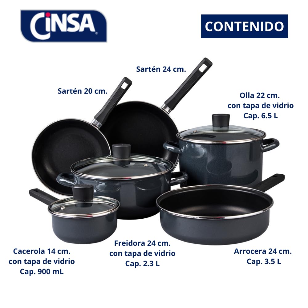 Cinsa Batería de cocina Mega Óptima 9 piezas, Peltre pesado con antiadherente con tapas de vidrio templado, Negro