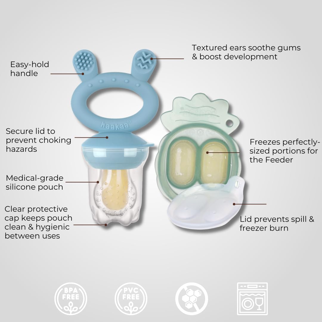 Haakaa Mini Combo alimentador para bebé para introducir nuevos sabores + bandeja para congelar de silicon sin BPA (Azul Cielo)