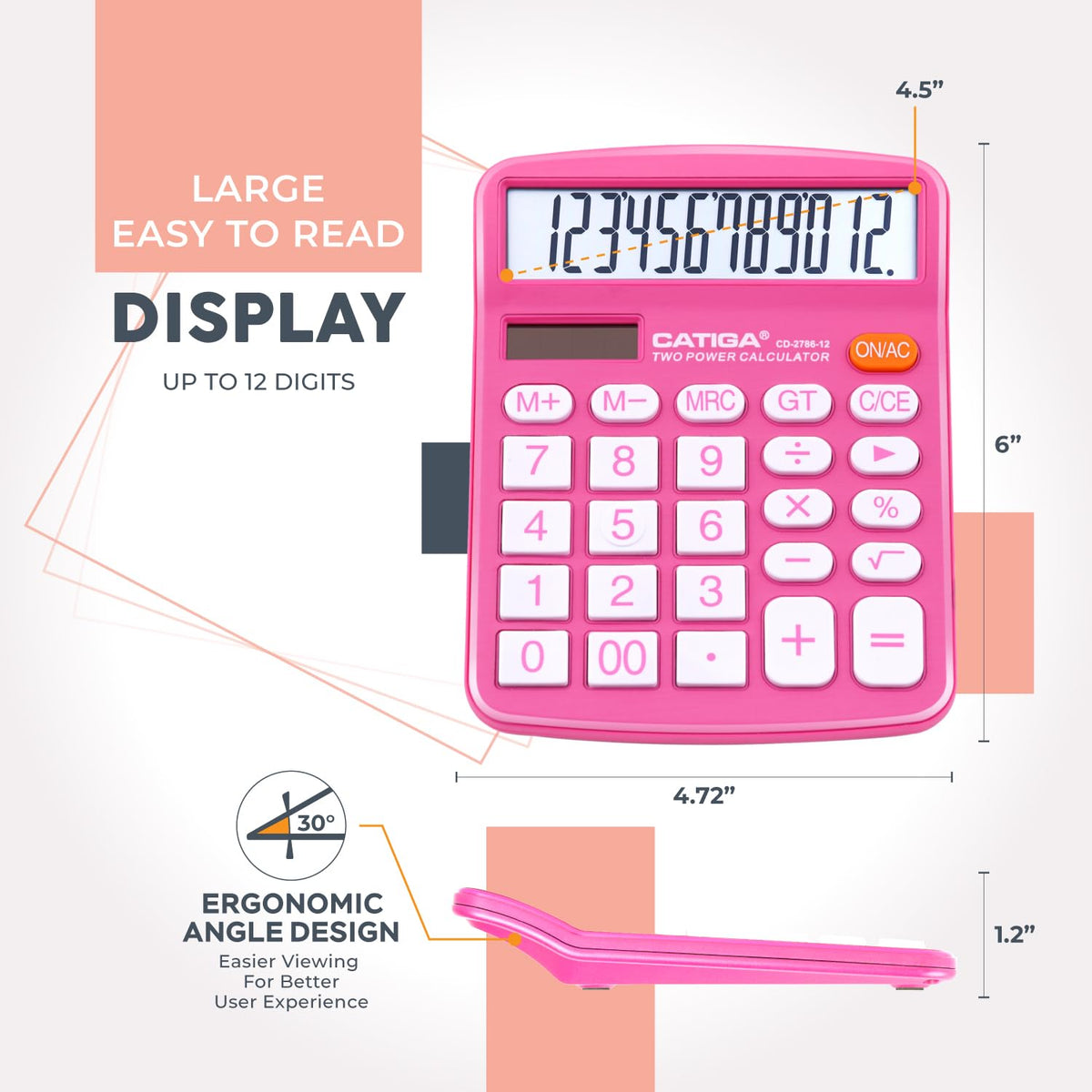 Calculadora CATIGA Negro 12 Dígitos LCD Grande Energía Solar Batería Dual para Oficina Hogar Escuela