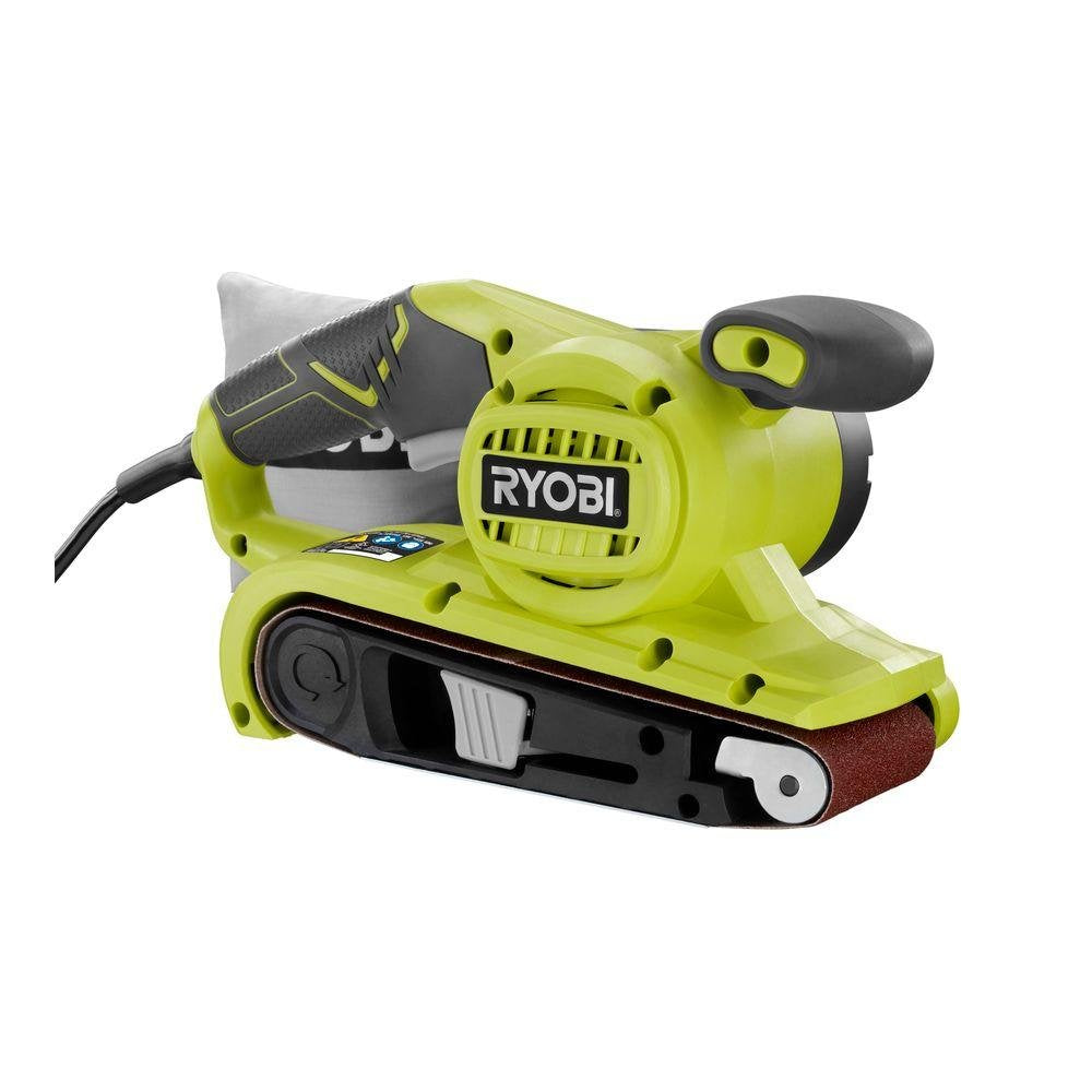 Ryobi Lijadora de banda portátil BE319 de 6 amperios y 320 pies / minuto (3 ”x 18”) con bolsa de polvo extraíble a bordo (cinturón de lija de grano medio incluido)