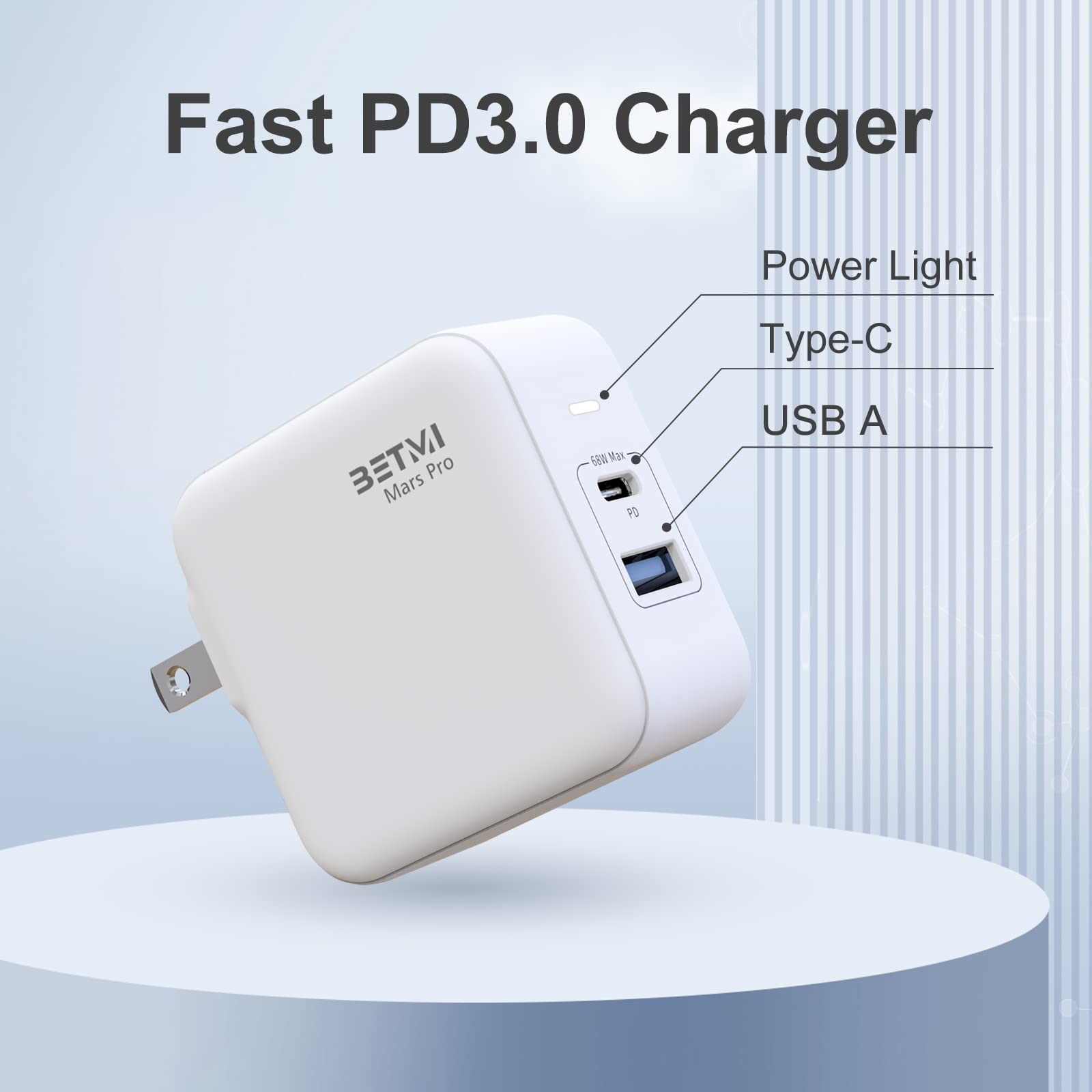 BETMI Cargador USB c, Cargador C GAN 68w, Cargador de Pared rápido y Compacto de 2 Puertos, Adecuado para MacBook Pro/Air, iPad Pro, Galaxy Phone, Android Phone, iOS Phone, Pixel, and More