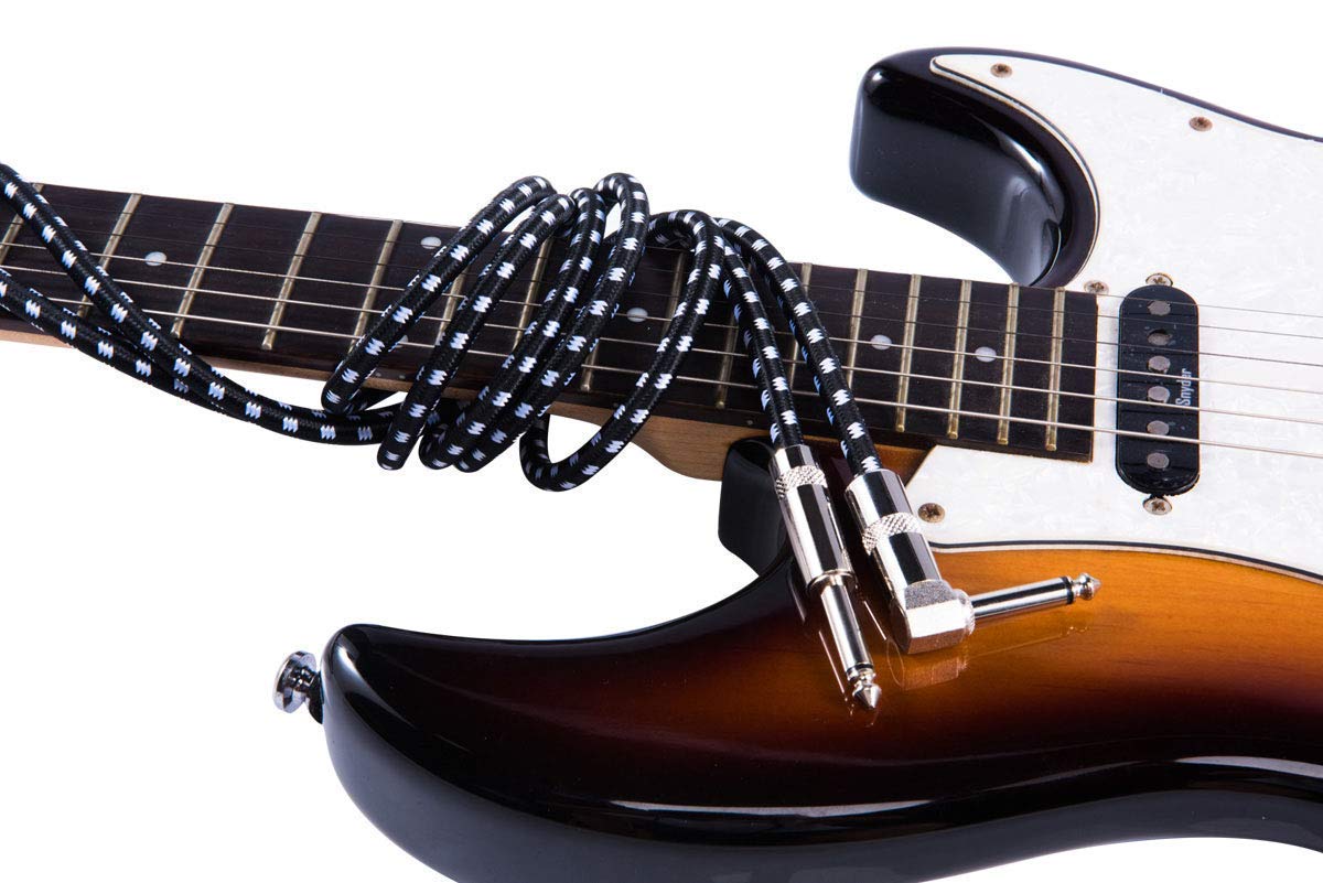 Cable de Instrumento de 3 metros, Cable de la Guitarra, Guitar Cable Audio para Amplificador de Potencia Estéreo/Bajo/ Bajo y Acordes, 1/4 "en ángulo Trenzado Conector Macho Mono TS, Cable Es una Mezcla de Lana Tejida, Muy Duradero (Negro)