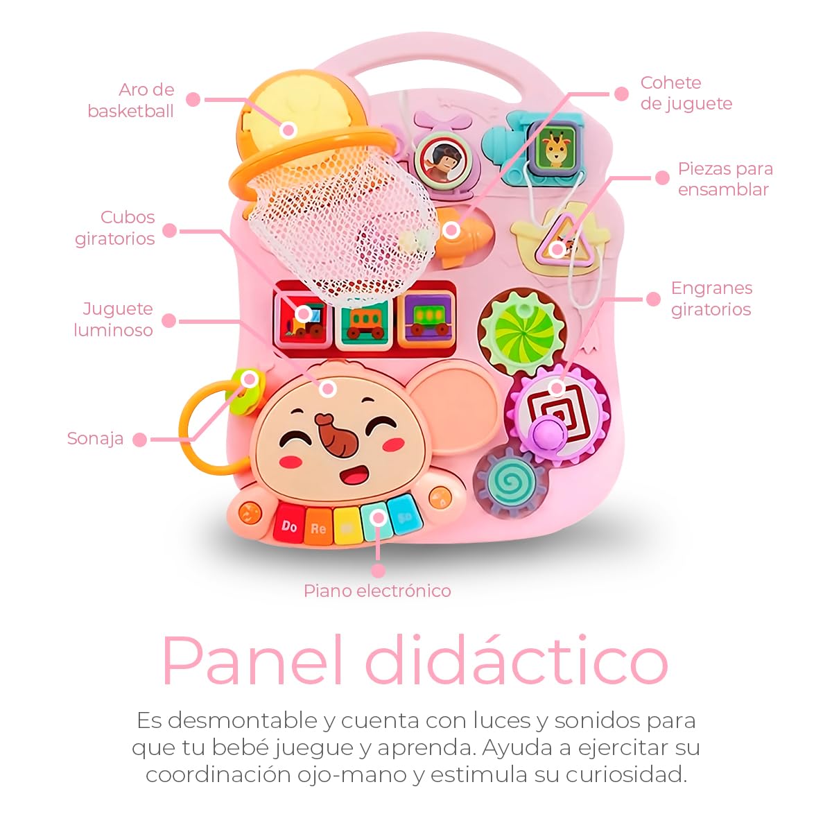 Andadera Musical Raganet Rosa 2 en 1 con Mesa de Actividades y Panel de Juego Extraíble para Bebés