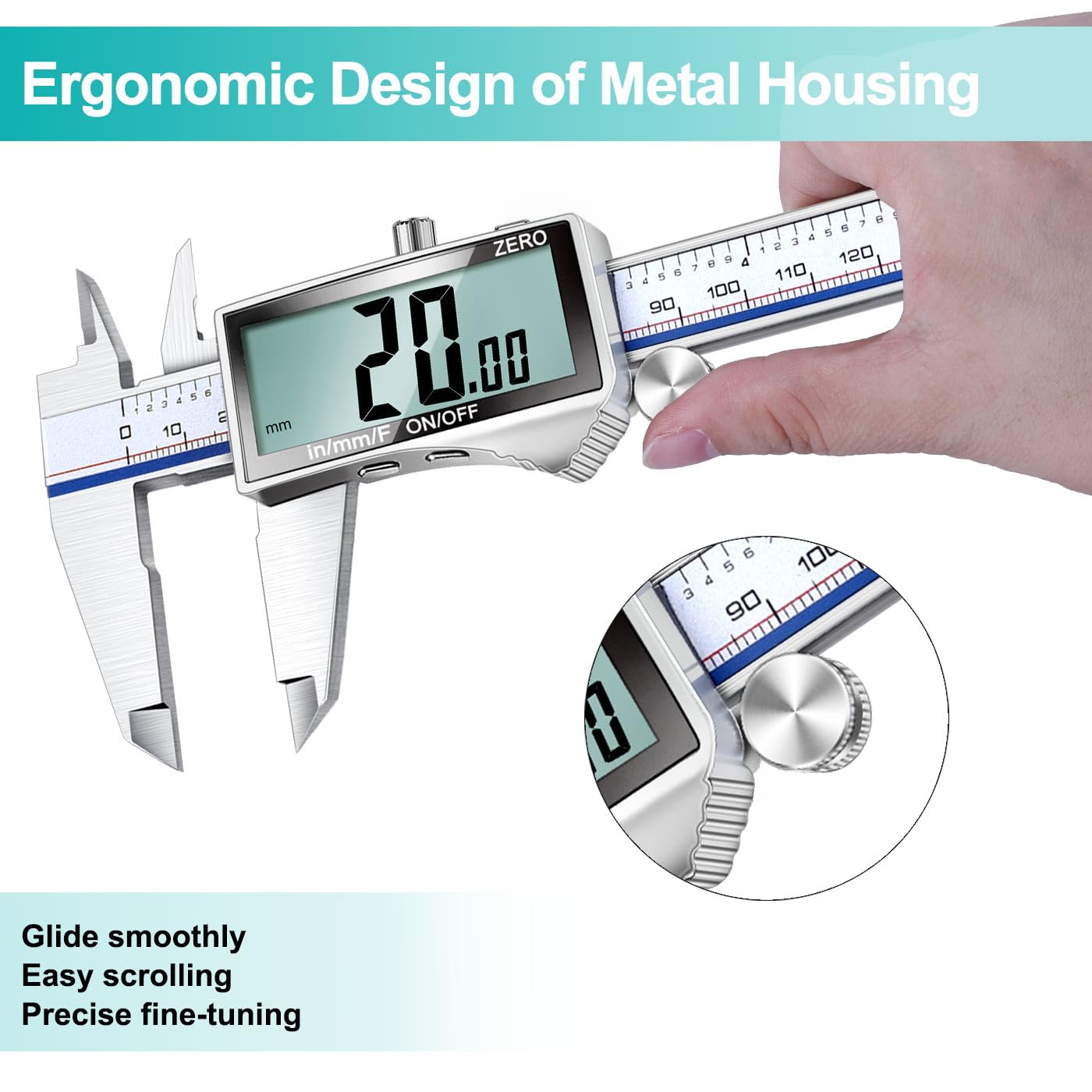 Kynup - Calibre digital, herramienta de medición de calibrador con visualización LCD grande, calibre micrómetro, acero inoxidable, a prueba de salpicaduras, fácil interruptor de fracción métrica en