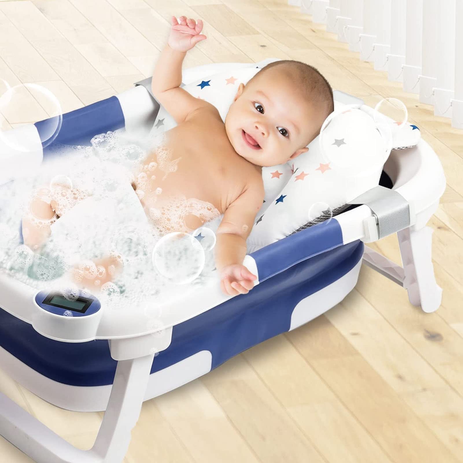 Bañera para Bebé, Tina de Baño para Bebe Bañera Plegable para Bebe Bañera Portatil Termómetro Orificio de Drenaje Bañera de Viaje Portátil Bañera de Lavado para Bebés y Niños (Gris)