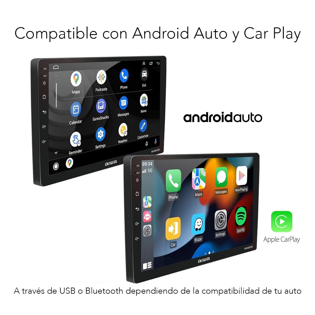 Aiwa Autoestéreo AW-A802BS Android 11 Pantalla QLED 9″ HD Bluetooth 4.2 WiFi GPS USB AUX RCA 4×50W 2GB RAM 32GB CarPlay Android Auto Cámara Reversa Negro