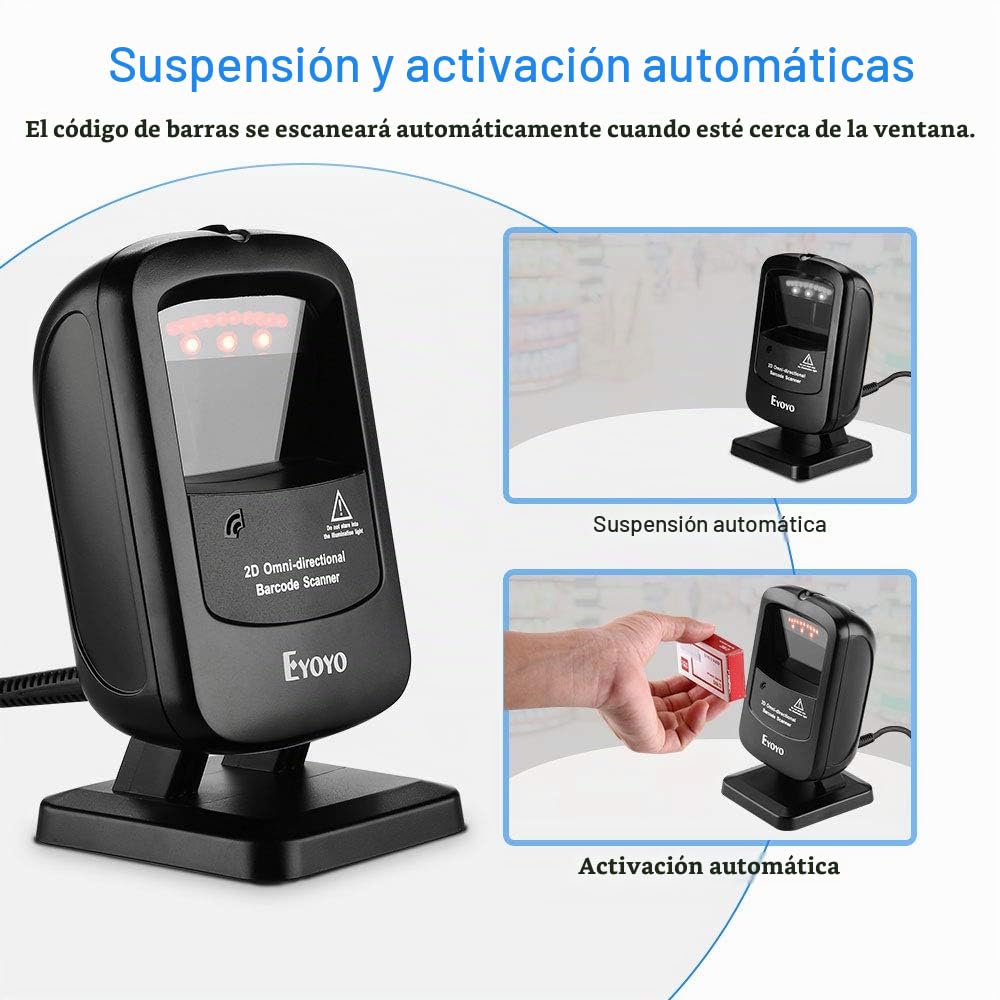 Escáner de Código de Barras Eyoyo Negro Omnidireccional USB Manos Libres