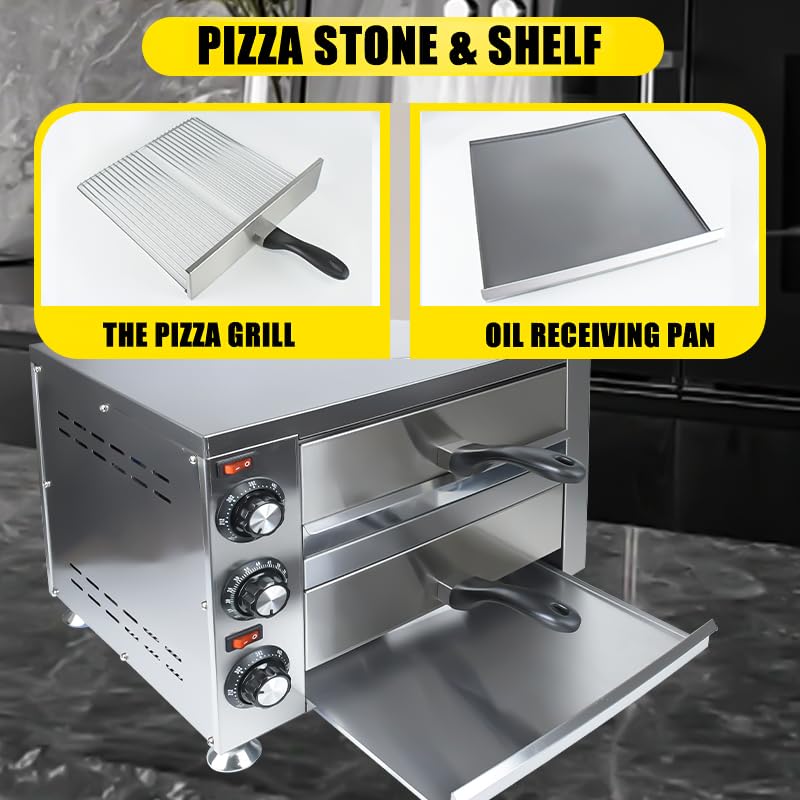 KOOTEN - Horno de pizza de mesa de 2 niveles, acero inoxidable comercial eléctrico para interiores con temporizador para el hogar y el restaurante