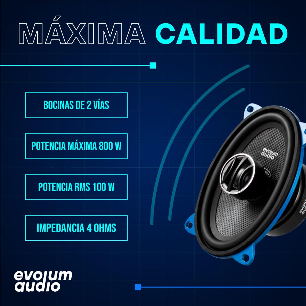 Evolum Audio - Kit Bocinas 2 Vías - Sonido Claro y Potente - Potencia RMS de 100 W - Gran Volumen y Claridad sin Distorsión - Fácil Instalación & Amplia Compatibilidad - Modelo Coaxial (4x6 in)