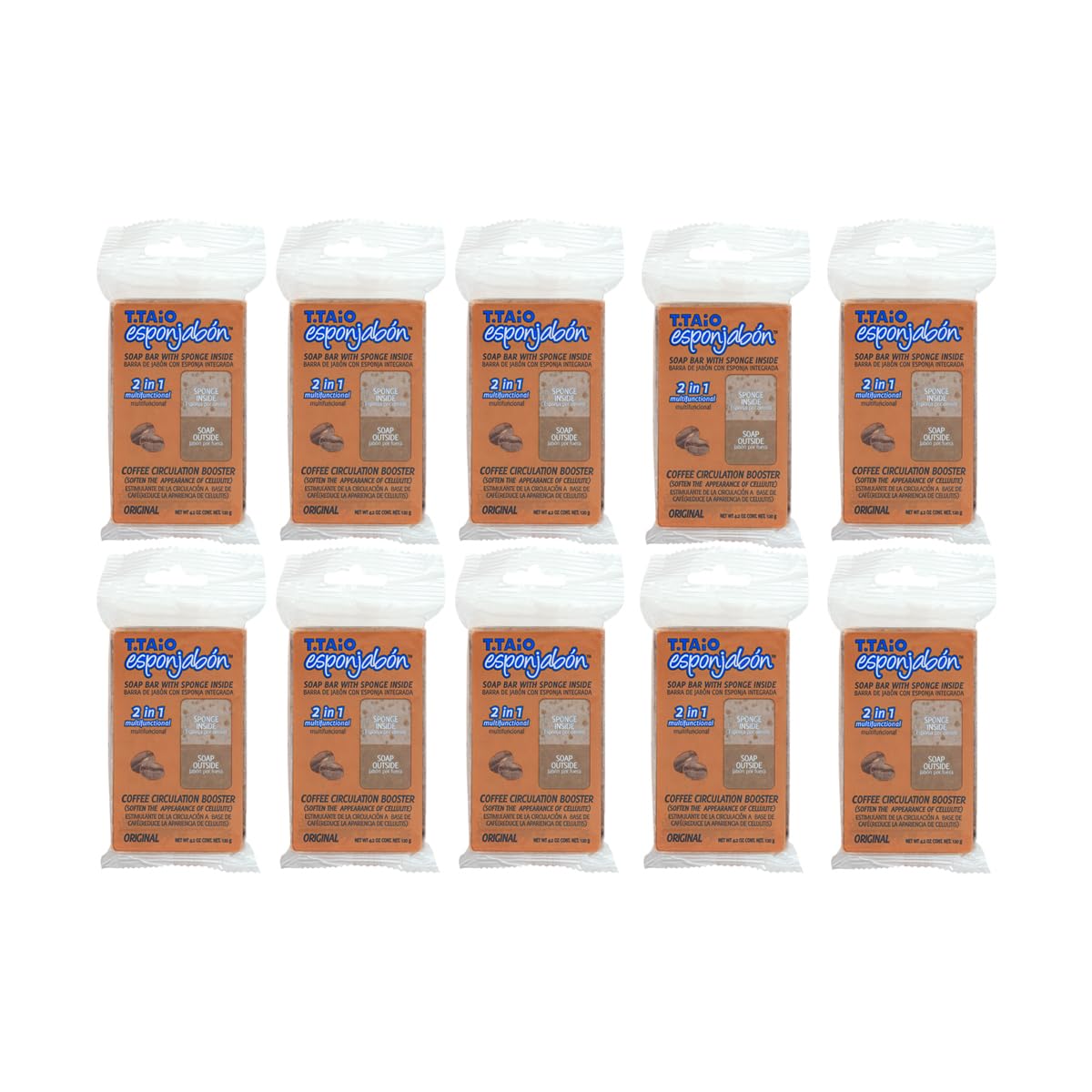 T.TAIO Esponjabón Café Anti Celulitis 2 en 1 Jabón con Esponja, Exfoliante Corporal, Pack 10 Piezas