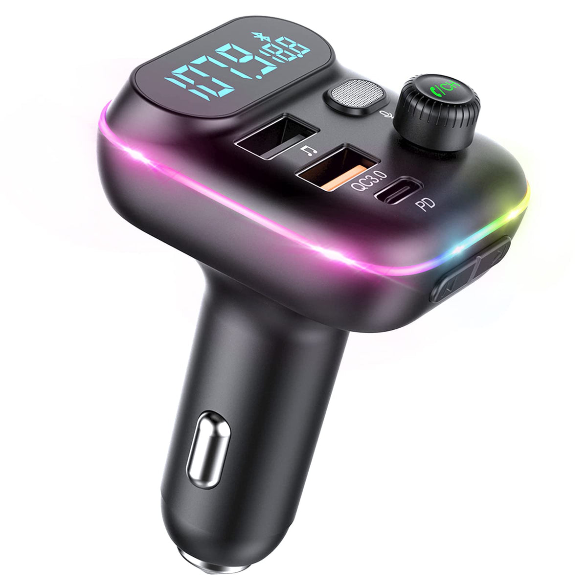 Transmisor FM Bluetooth 5.0 para Coche con Puertos USB Duales y Cargador Rápido PD+QC3.0, Micrófono Mejorado