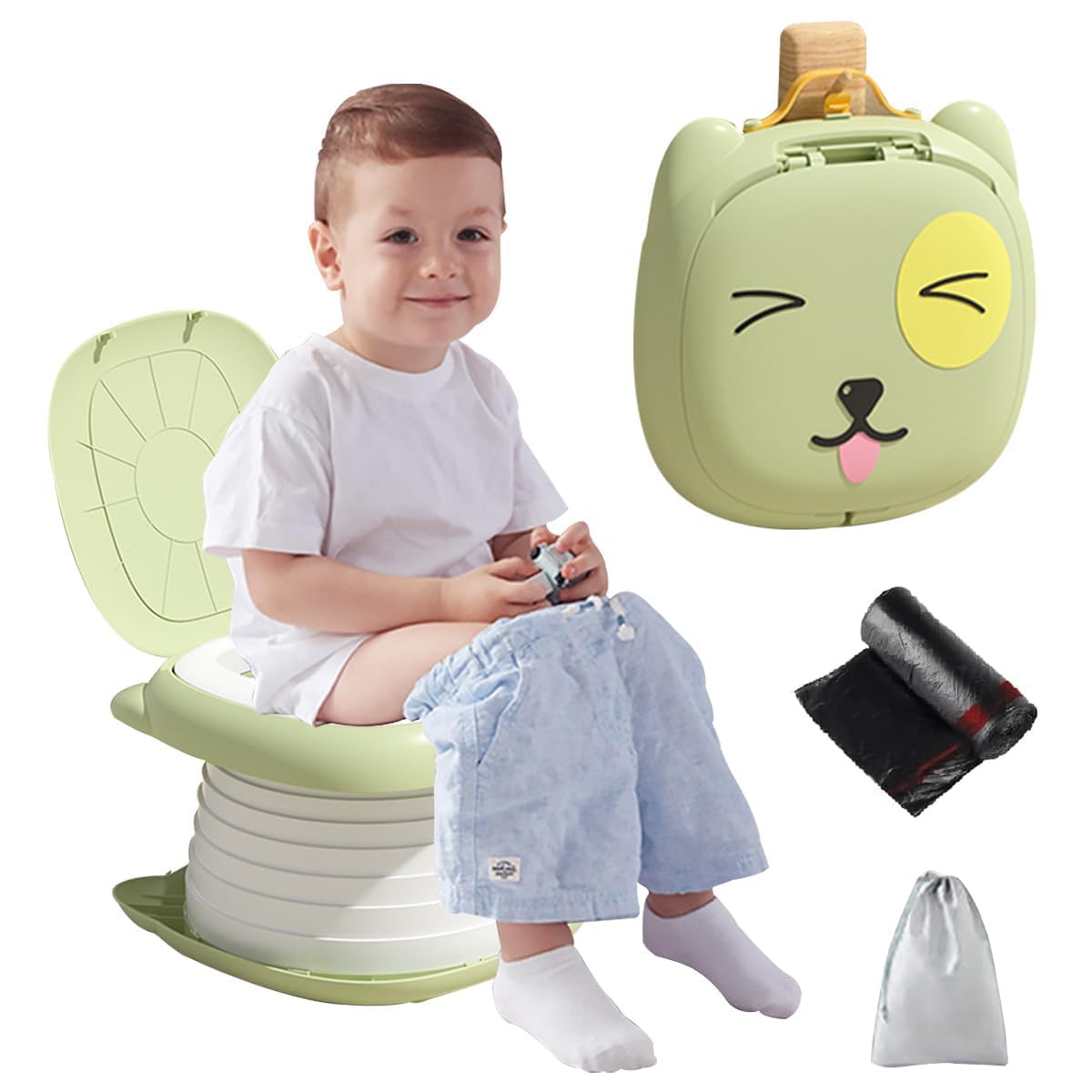 Orinal de Viaje Portátil para Niños,Asiento Entrenador Baño para Niños, portátiles y plegables con bolsa de basura y bolsa de almacenamiento para automóviles,Camping, Interior y Exterior con Rollos Bolsa de Almacenamiento (Verde)