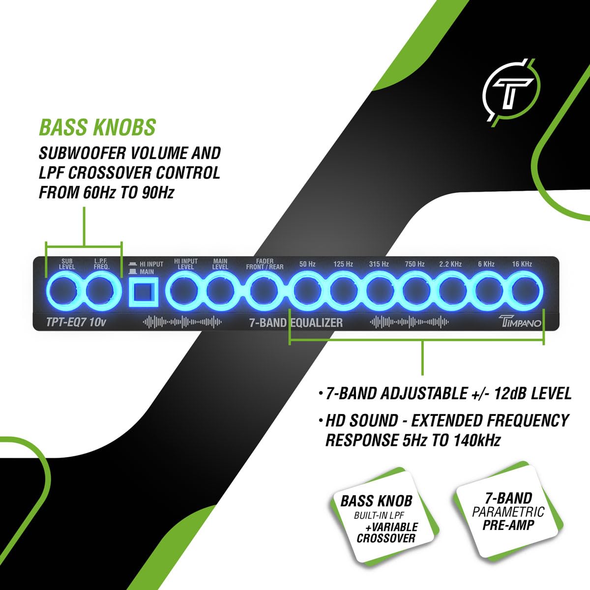 Timpano - Ecualizador de 7 bandas TPT-EQ7 driver de línea de alto voltaje de 10 V Salida RCA de 6 canales y control de subwoofer y cruce 1/2 Din Gráfico de audio para coche Eq con entrada de alto