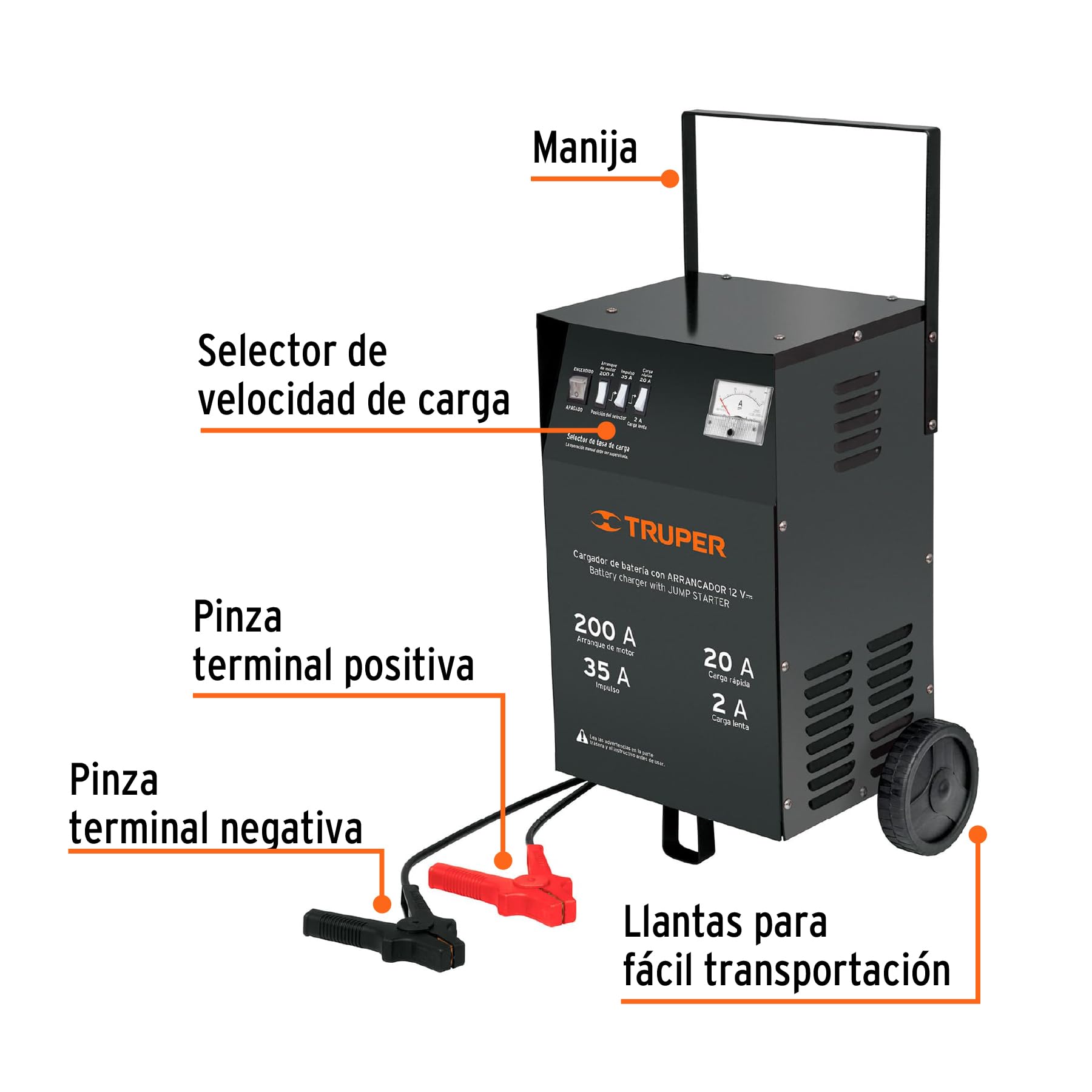 Truper CARBA-200, Cargador de baterías con ruedas 12 V, 200 A