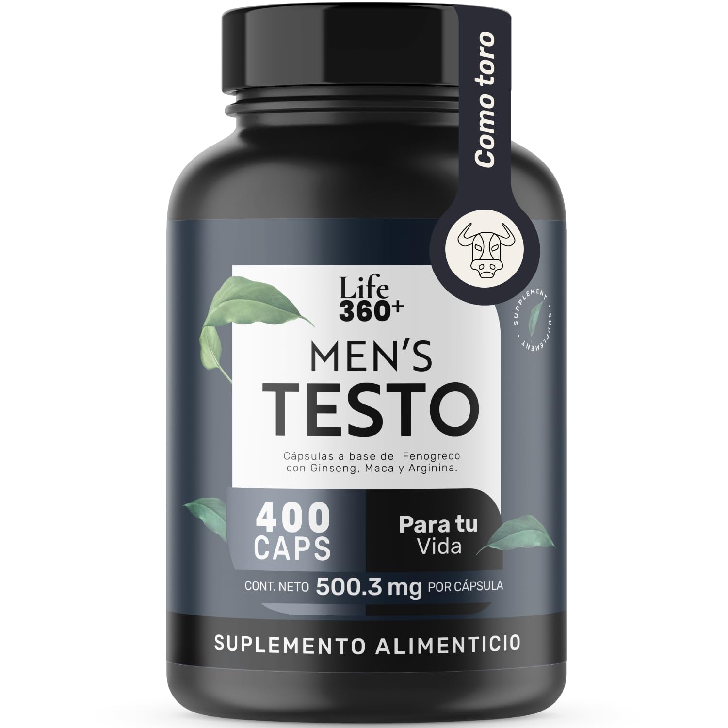 LIFE 360+ Mens Testo | 400 Cápsulas por envase | Fenogreco, Maca Negra, Maca Roja y Amarilla, L-Arginina, Zinc, Vitamina D, Magnesio, Ginseng y Guaraná | Suplemento Alimenticio 1 cápsula por porción