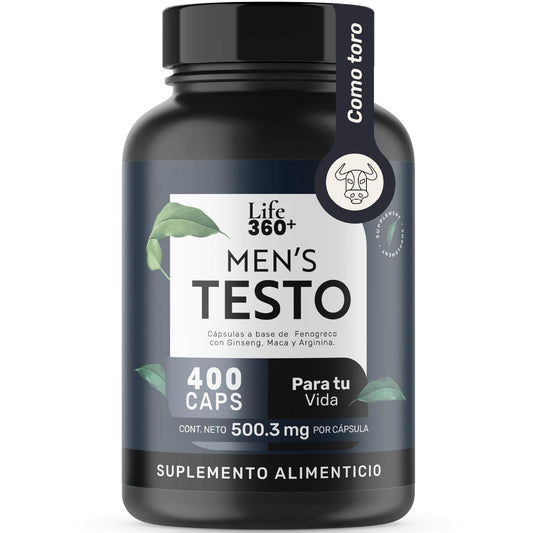 LIFE 360+ Mens Testo | 400 Cápsulas por envase | Fenogreco, Maca Negra, Maca Roja y Amarilla, L-Arginina, Zinc, Vitamina D, Magnesio, Ginseng y Guaraná | Suplemento Alimenticio 1 cápsula por porción