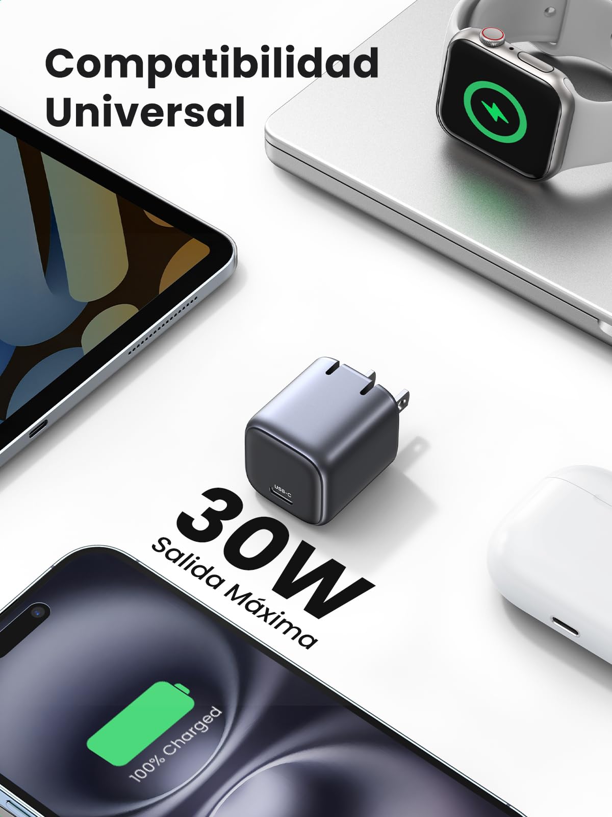 Cargador USB C UGREEN Nexode Blanco 30W Mini GAN Carga Rápida para Galaxy y iPhone