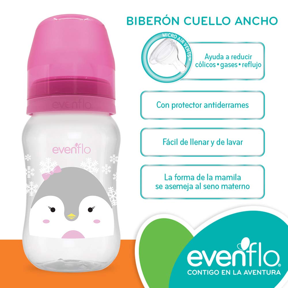 Biberón Evenflo Rosa Anticólicos Cuello Ancho para Niña