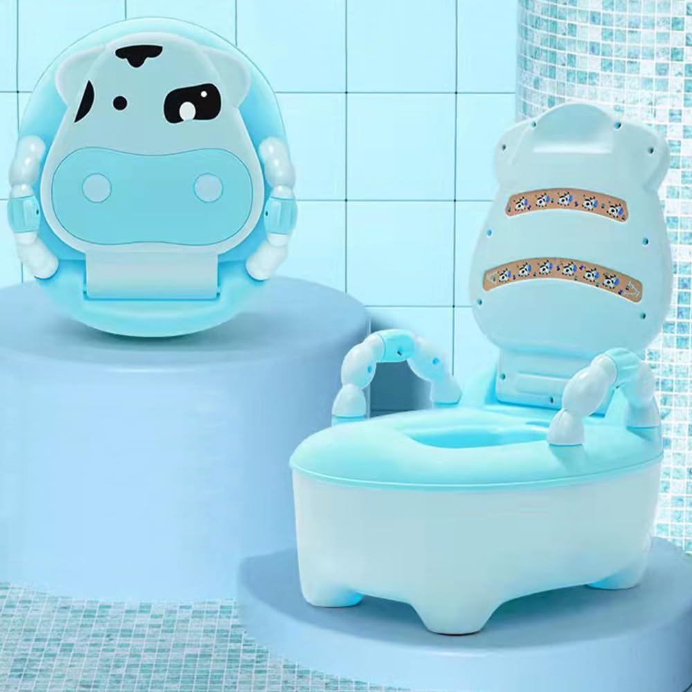 Fishlead Baño de Entrenamiento para Bebe, Asiento Entrenador para Baño Niño, Bacinica de Vaquita para Etapa de Desarrollo Infantil, Escusado con Asiento Acolchonado y Tapa, 1 Count (Azul)