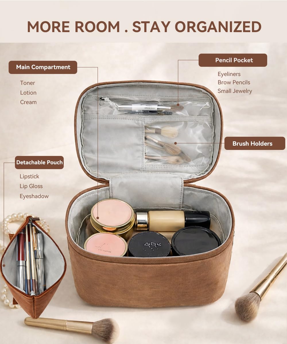 Hemompito - Bolsa de maquillaje grande para mujer con bolsa pequeña desmontable, bolsa portátil de maquillaje de viaje con asa y múltiples compartimentos, piel sintética impermeable, cremalleras