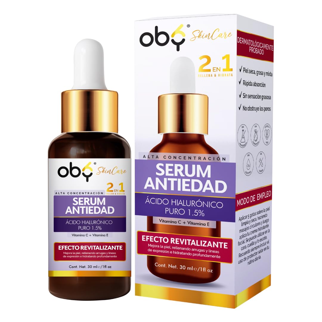 OBY Serum Antiedad 30 ml: Acido hialuronico 2 tipos al 1.5% + Vitamina C + Vitamina E | Serum facial Hidratante y Revitalizante 2 en 1