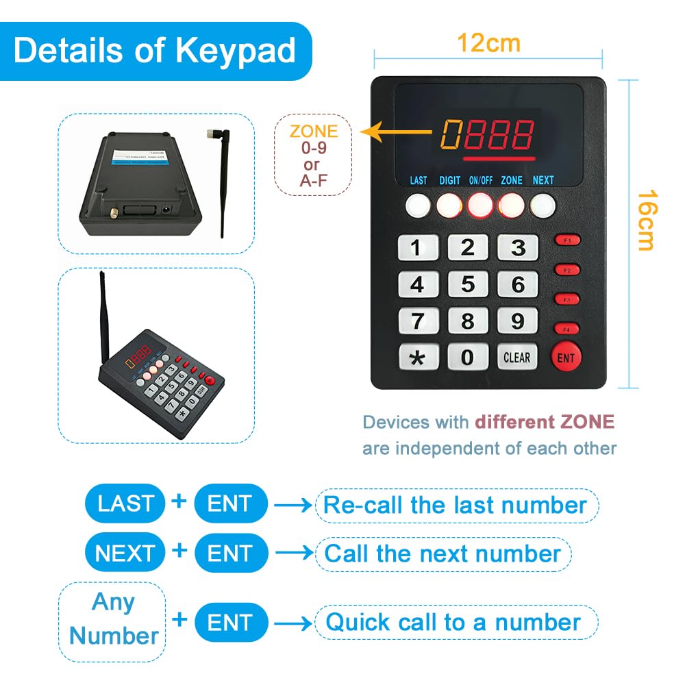 KOQICALL - Sistema de llamadas de cola inalámbrico, sistema de números de servicio 3-Dight Now con mensaje de voz para gestión de línea de espera de restaurante y hospital, banco (1 teclado + 1
