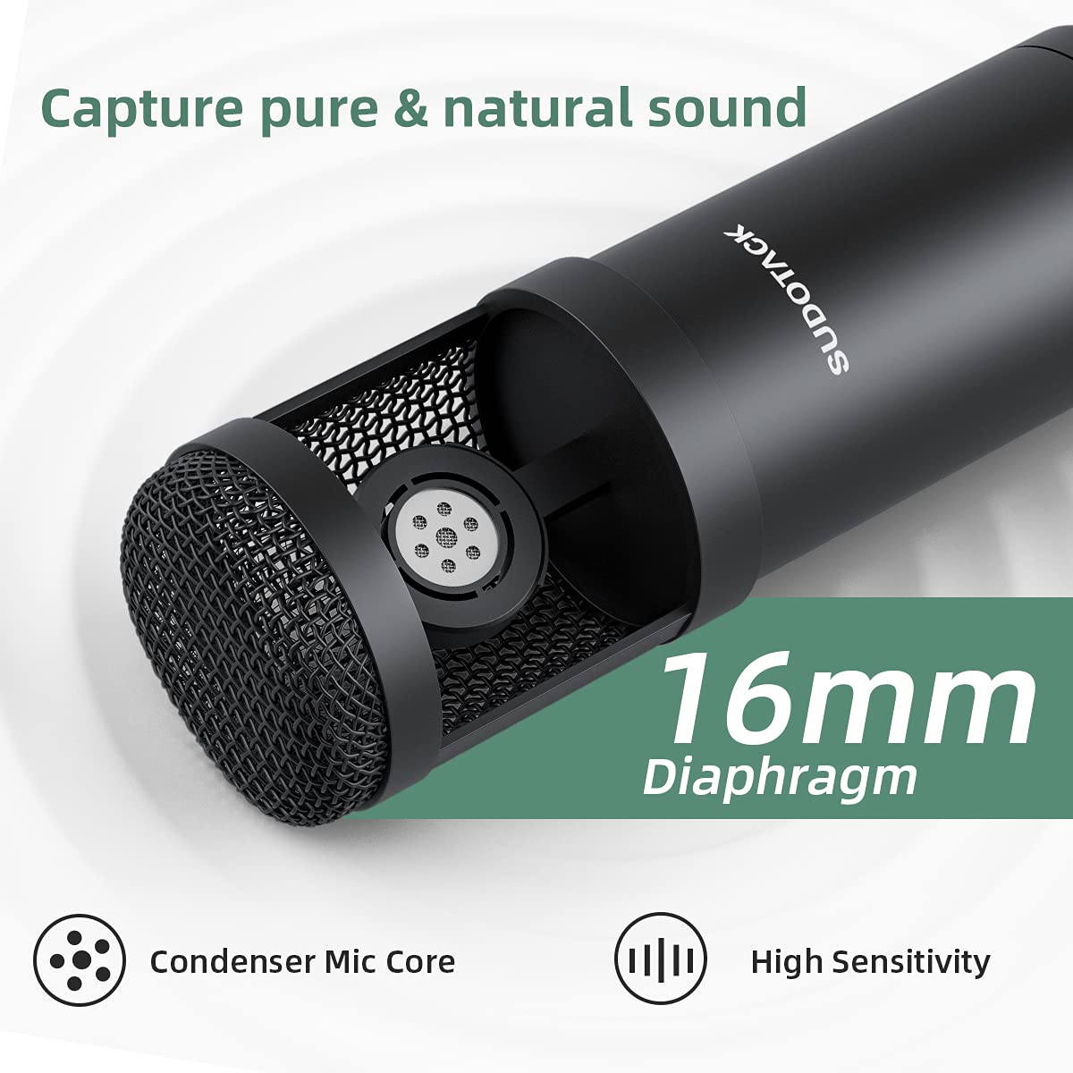 Micrófono USB Sudotack Negro Kit Condensador Cardioide con Tarjeta de Sonido y Brazo de Pluma para Podcast