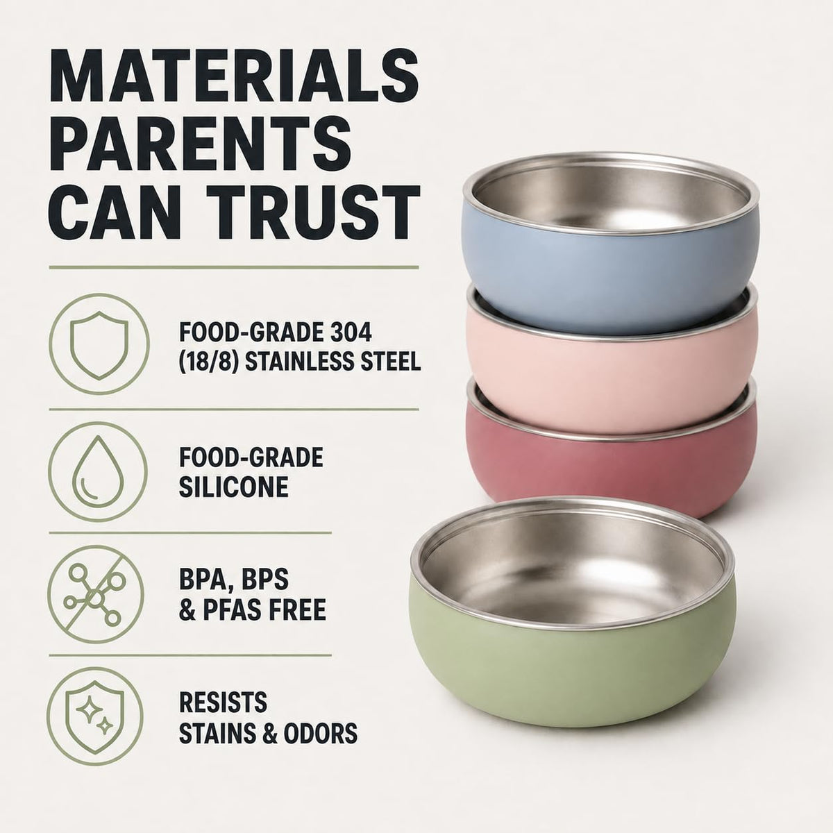 Monkey Proof™ - tazón para niños de acero inoxidable no tóxico de 5 pulgadas con carcasa de silicona antideslizante, (juego de 4 tazones) irrompible, sin desorden para bebés, niños pequeños, sin BPA