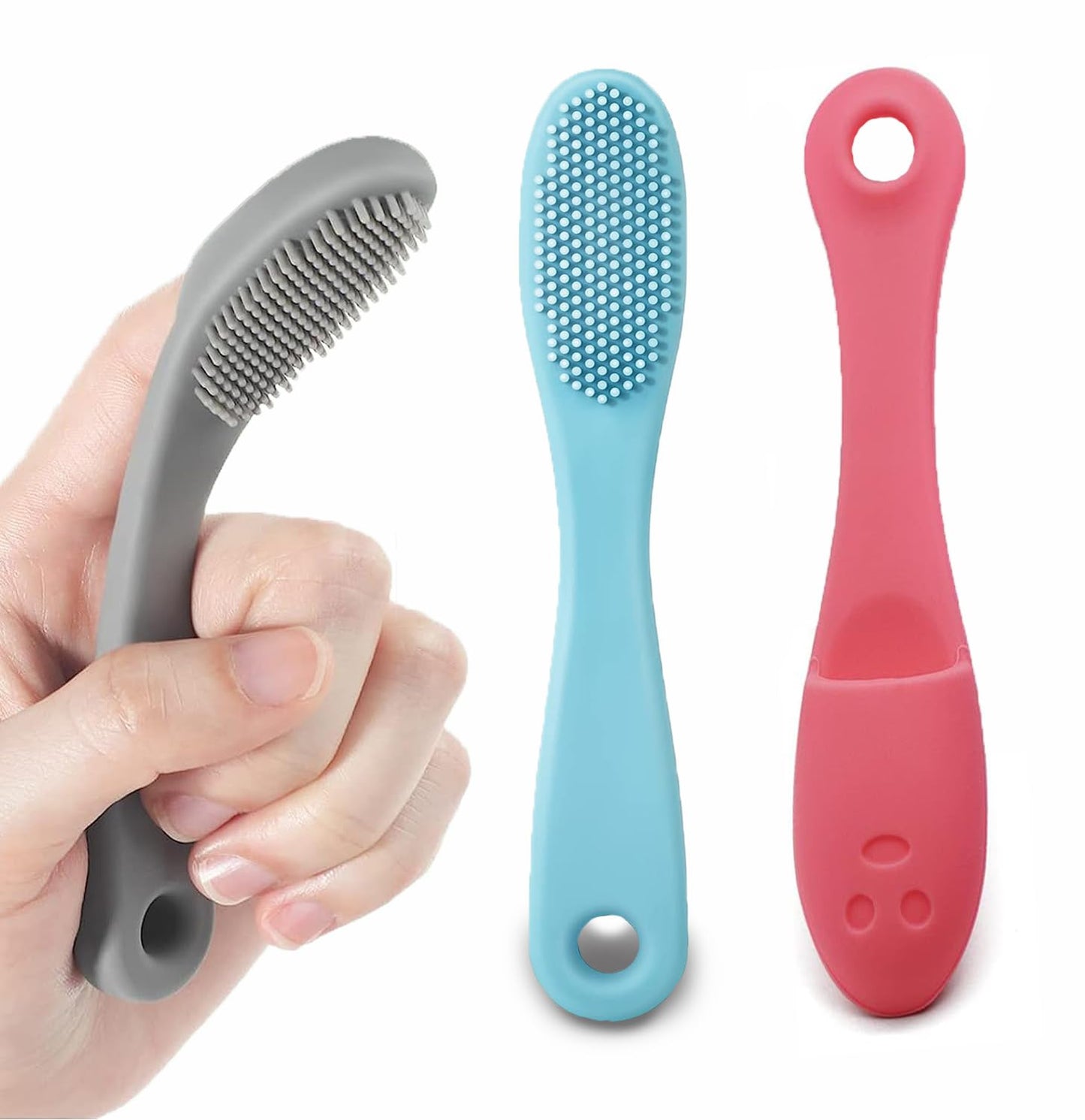 Pet Republique - cepillo para polvo de dientes con mango para perros y gatos, silicona súper suave, estilo de inserción de dedos (3 unidades), Gris, Azul, Rojo