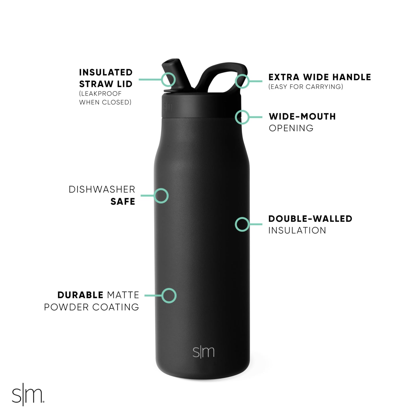 Botella de Agua Simple Modern Midnight Black Aislada de Acero Inoxidable para Viaje y Deportes