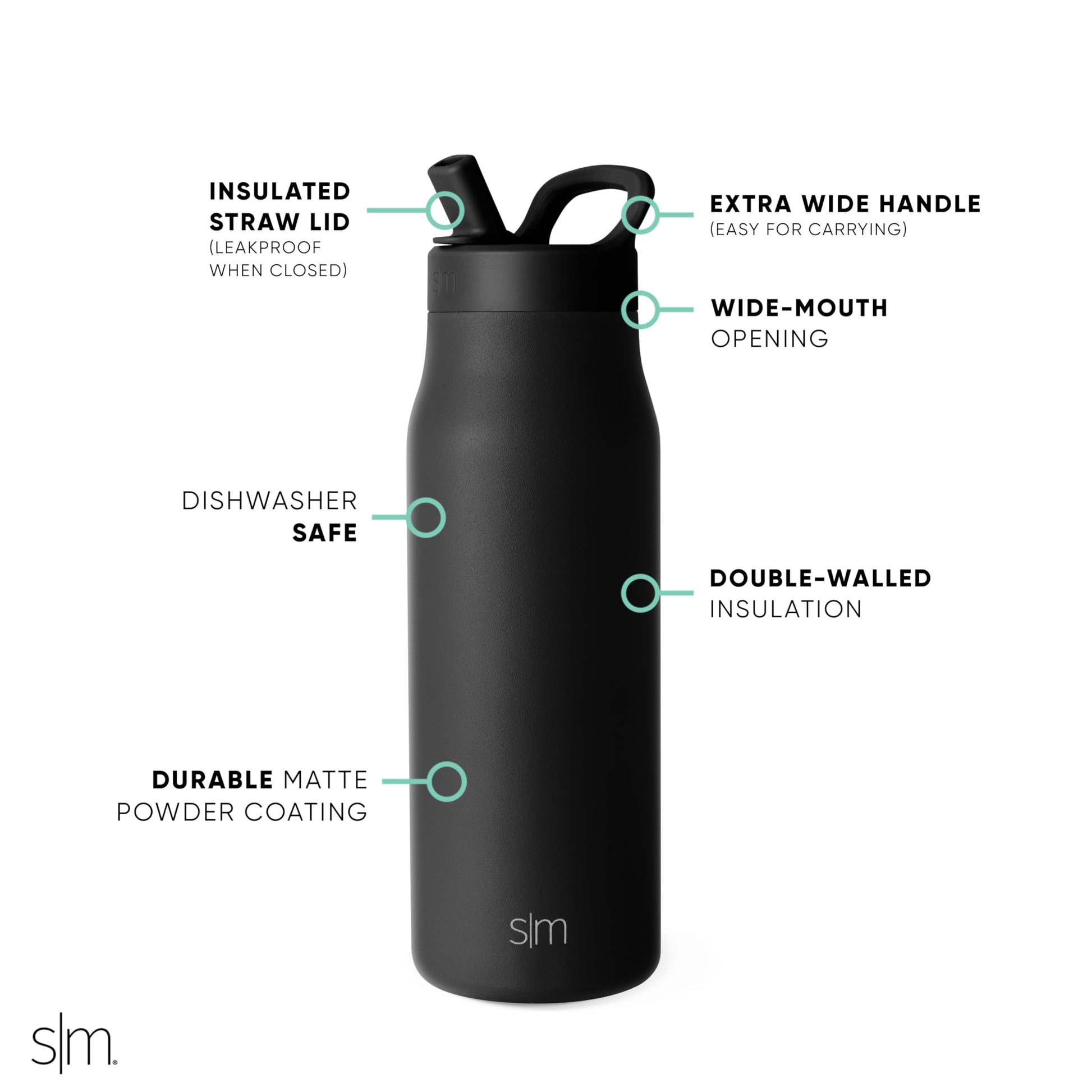 Botella de Agua Simple Modern Midnight Black Aislada de Acero Inoxidable para Viaje y Deportes