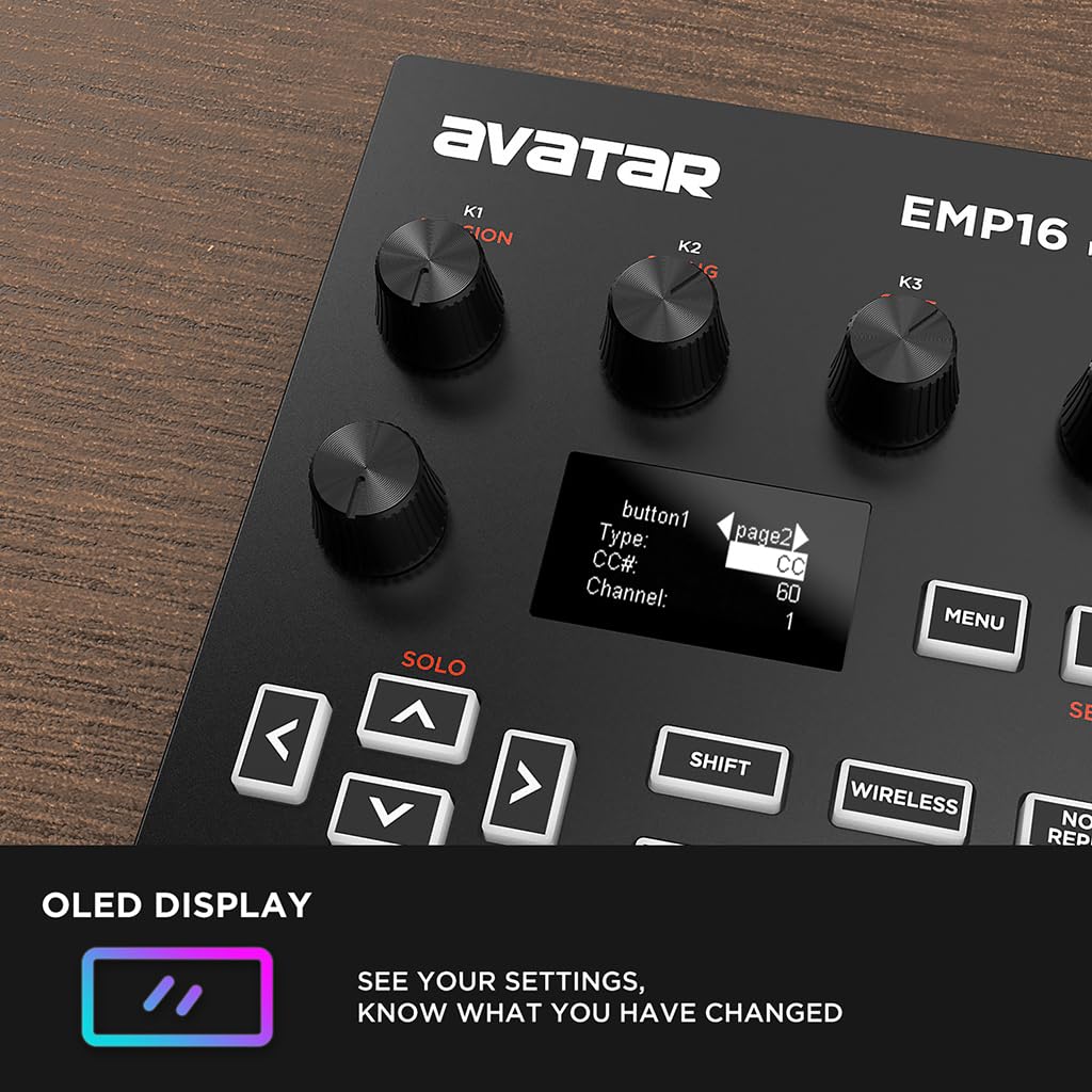 HXW EMP16 MIDI Pad Controller Beat Maker Machine con Bluetooth, 16 almohadillas para orejas de ritmo sensibles a la velocidad RGB, 16 niveles, completo/medio nivel, visualización OLED, entrada y