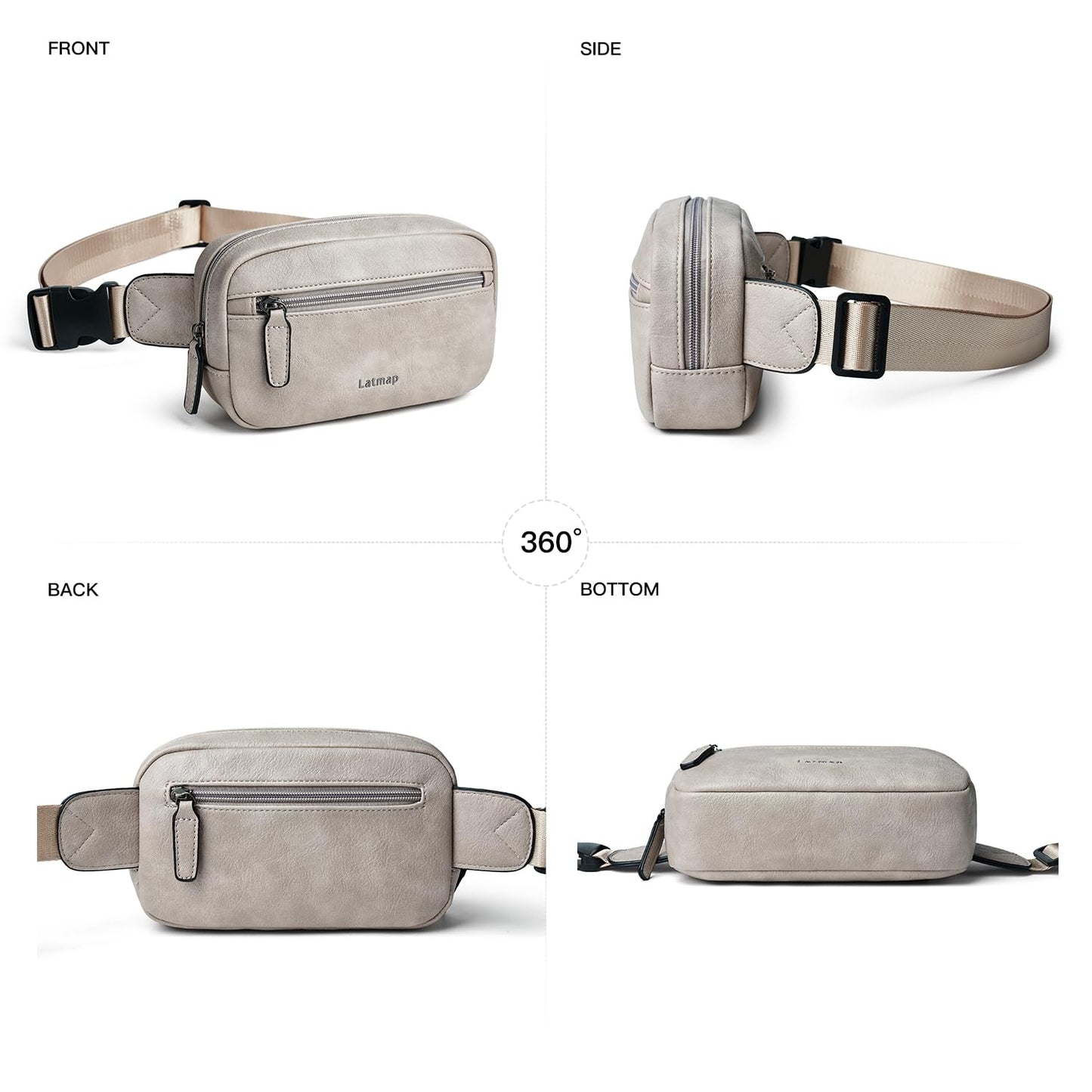 LATMAP - Riñonera de 2 L para todas partes, pequeña y a la moda, bandolera de piel sintética, impermeable, para mujer, a la moda, GrisáceoGreyish), Pequeño, Moda casual