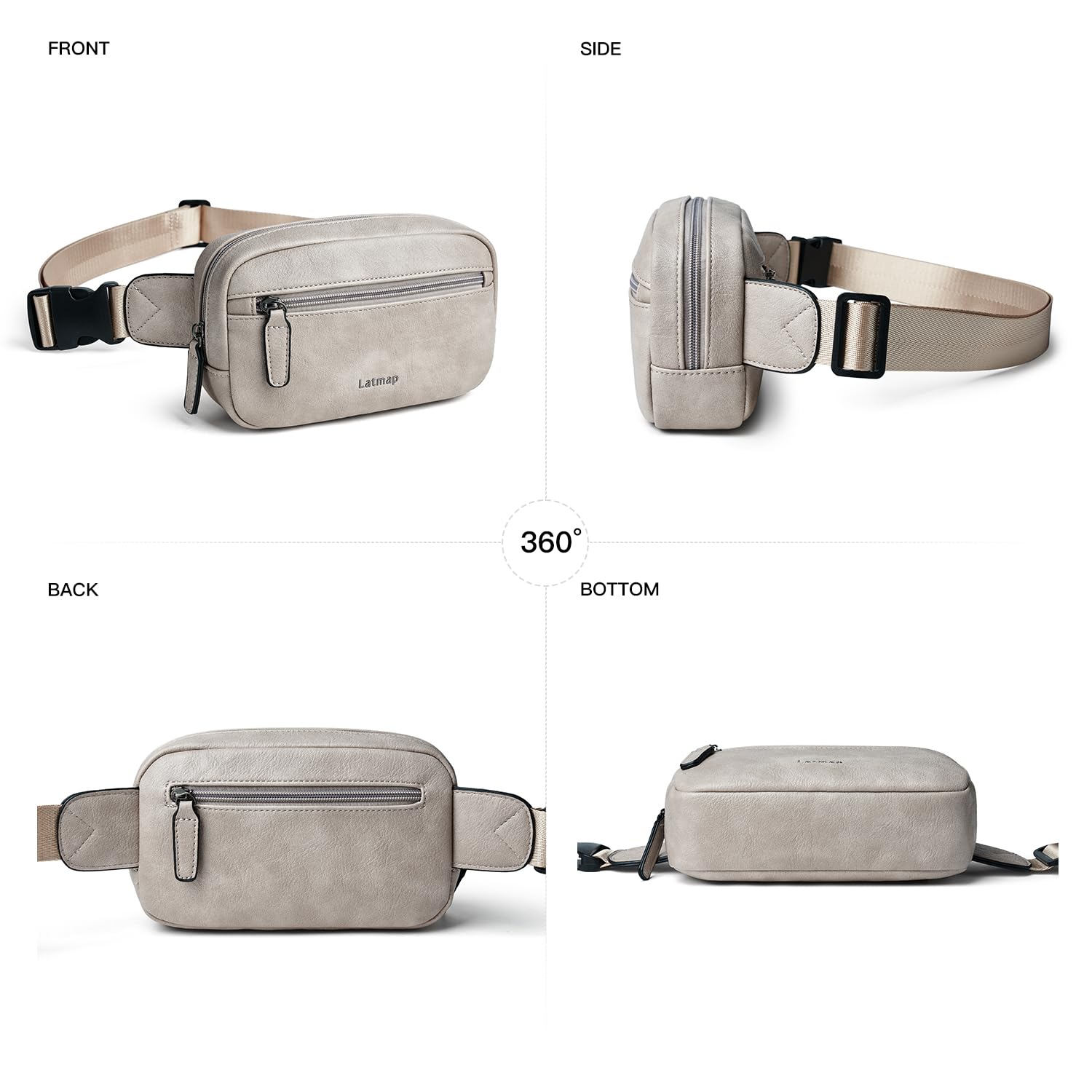 LATMAP - Riñonera de 2 L para todas partes, pequeña y a la moda, bandolera de piel sintética, impermeable, para mujer, a la moda, GrisáceoGreyish), Pequeño, Moda casual